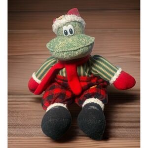 Vintage Ganz Frog 12" Green w/Santa Hat Plaid Pants Plush Christmas